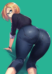 Rule 34 | 1girl, all fours, artist name, ass, black-framed eyewear, blonde hair, blue eyes, closed mouth, denim, fingernails, from behind, glasses, green background, highres, jeans, kagematsuri, lips, looking at viewer, looking back, original, pants, pantylines, parted bangs, shadow, shiny clothes, shiny skin, signature, simple background, sleeves rolled up, smile, solo, watch, wristwatch