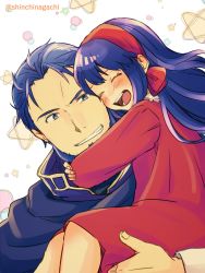 Rule 34 | 1boy, 1girl, absurdres, aged down, beard, blue eyes, blue hair, closed eyes, dress, facial hair, father and daughter, fire emblem, fire emblem: the binding blade, grin, hector (fire emblem), highres, hug, lilina (fire emblem), long hair, nintendo, nishimura (shinchinagachi), one-hour drawing challenge, open mouth, short hair, smile, twitter username