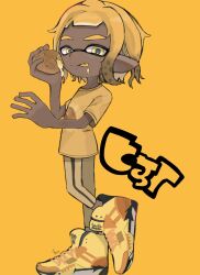 Rule 34 | 1boy, blonde hair, commentary request, dark-skinned male, dark skin, eating, food, full body, high tops, highres, inkling, inkling (language), inkling boy, inkling player character, male focus, nintendo, pants, pointy ears, print shirt, shirayuz1, shirt, shoes, short hair, simple background, sneakers, solo, splatoon (series), splatoon 3, standing, standing on one leg, tentacle hair, thick eyebrows, tongue, tongue out, yellow background, yellow eyes, yellow footwear, yellow pants, yellow shirt, yellow theme