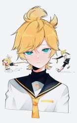 Rule 34 | 1boy, 1girl, aqua eyes, bass clef, blonde hair, brother and sister, expressionless, highres, kagamine len, kagamine rin, kazuse616, looking at viewer, male focus, necktie, portrait, rope, school uniform, serafuku, short hair, siblings, solo focus, twins, vocaloid, white background, yellow necktie