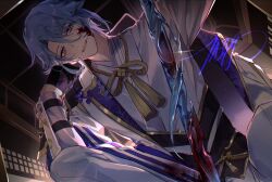 Rule 34 | 1boy, armor, black gloves, blood, blood on clothes, blood on face, blue eyes, blue hair, genshin impact, gloves, hair between eyes, haori, haran geppaku futsu (genshin impact), highres, japanese armor, japanese clothes, kamisato ayato, light blue hair, liquid weapon, long sleeves, looking at viewer, male focus, mole, mole under mouth, mors gn
