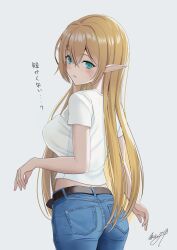Rule 34 | 1girl, belt, blonde hair, blush, breasts, denim, elf, from behind, green eyes, highres, jeans, large breasts, long hair, looking at viewer, looking back, may9, original, pants, pointy ears, shirt, white background, white shirt