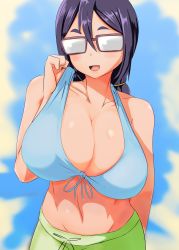 Rule 34 | 1girl, absurdres, adjusting clothes, adjusting swimsuit, asai ami, bikini, black hair, blush, breast lift, breasts, cleavage, coco (setawar), glasses, hair ornament, hairclip, highres, huge filesize, large breasts, navel, opaque glasses, open mouth, parted hair, ponytail, short eyebrows, solo, swimsuit, uzaki-chan wa asobitai!