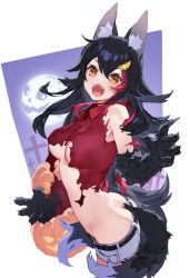 Rule 34 | 1girl, animal ear fluff, animal ears, animal hands, belt, black belt, black hair, breasts, brown eyes, butt crack, fangs, full moon, hair ornament, halloween, hololive, izumi sai, jack-o&#039;-lantern, long hair, looking at viewer, medium breasts, midriff, moon, multicolored hair, navel, ookami mio, open mouth, pumpkin, red hair, solo, tail, tail wrap, teeth, torn clothes, two-tone hair, underboob, virtual youtuber, wolf ears, wolf tail