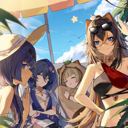 Rule 34 | 4girls, alternate costume, arm up, bare shoulders, beach umbrella, black hair, blue eyes, blue hair, blue sky, breasts, brown hair, candace (genshin impact), closed eyes, closed mouth, cloud, cloudy sky, crossed bangs, dark-skinned female, dark skin, dehya (genshin impact), eyewear on head, genshin impact, hand on own hip, highres, layla (genshin impact), looking at viewer, medium breasts, multicolored hair, multiple girls, outdoors, parted lips, sayu (genshin impact), sky, sleeping, small breasts, smile, star (symbol), stomach, sunglasses, sunlight, swimsuit, umbrella, yajuu