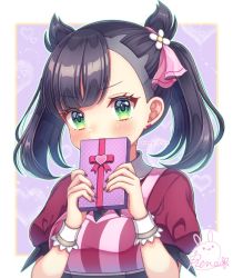 Rule 34 | 1girl, asymmetrical bangs, black hair, black nails, blush, border, box, commentary request, covering own mouth, creatures (company), dress, earrings, eyelashes, game freak, gift, gift box, green eyes, hair ribbon, hands up, heart, holding, holding gift, jewelry, marnie (palentine&#039;s 2022) (pokemon), marnie (pokemon), nail polish, nintendo, official alternate costume, outside border, pokemon, pokemon masters ex, red dress, rena rin, ribbon, short sleeves, shy, signature, solo, white border, wrist cuffs