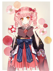 Rule 34 | 1girl, absurdres, ball, baocaizi, black kimono, blush, bow, brown background, brown eyes, closed mouth, drill hair, floral print, hair bow, hands up, head tilt, highres, holding, holding ball, japanese clothes, kimono, long hair, long sleeves, looking at viewer, original, petals, pink bow, pink hair, pleated skirt, polka dot, polka dot bow, print kimono, red bow, red skirt, short kimono, sidelocks, skirt, solo, striped clothes, striped skirt, twin drills, two-tone background, vertical-striped clothes, vertical-striped skirt, white background, wide sleeves