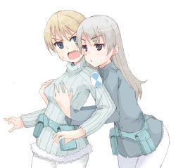 Rule 34 | 10s, 2girls, 841 (chinchilla), bad id, bad pixiv id, blonde hair, blue eyes, blush, brave witches, breasts, eila ilmatar juutilainen, fang, grabbing, grabbing another&#039;s breast, long hair, military, military uniform, multiple girls, nikka edvardine katajainen, pantyhose, short hair, small breasts, strike witches, sweat, uniform, white pantyhose, world witches series