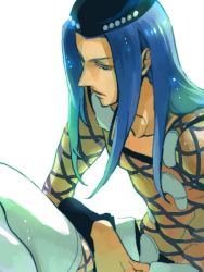 Rule 34 | 1boy, arm warmers, bad id, bad pixiv id, blue hair, closed eyes, collarbone, cross-laced clothes, expressionless, fishnet top, fishnets, hat, jojo no kimyou na bouken, long hair, long sleeves, male focus, matsuo shin, narciso anasui, pants, parted lips, sarong, simple background, solo, spikes, stone ocean, thighhighs, white background, white pants, white thighhighs