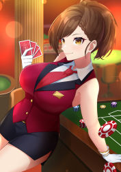 Rule 34 | 1girl, absurdres, arm support, asymmetrical bangs, black skirt, blush, braid, braided bangs, breasts, brown hair, card, casino, casino card table, gloves, highres, hyodo rena, idolmaster, idolmaster cinderella girls, indoors, lapels, large breasts, lens flare, looking at viewer, miniskirt, necktie, pencil skirt, playing card, poker chip, red necktie, red vest, shirt, side slit, skirt, sleeveless, sleeveless shirt, smile, solo, table, uruma gia, vest, white gloves, white shirt, yellow eyes