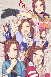 Rule 34 | 1girl, :d, animal ears, black gloves, black shirt, blue jacket, bow, bowl, bowtie, brown hair, chopsticks, closed eyes, epaulettes, flower-shaped pupils, gloves, grin, hairband, hand to forehead, highres, holding, holding bowl, holding chopsticks, horse ears, itou (onsoku tassha), jacket, looking at viewer, neckerchief, one-piece swimsuit, open clothes, open jacket, open mouth, pink shirt, ponytail, purple one-piece swimsuit, purple shirt, red jacket, sakura bakushin o (umamusume), school uniform, shirt, smile, smug, swimsuit, symbol-shaped pupils, tracen school uniform, tracen swimsuit, umamusume, white bow, white bowtie, wide-eyed, yellow neckerchief