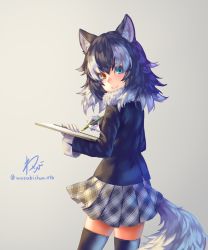 Rule 34 | 1girl, animal ears, black hair, black thighhighs, blue eyes, blush, brown eyes, closed mouth, eyebrows, gloves, grey skirt, grey wolf (kemono friends), heterochromia, holding, holding pencil, kemono friends, long sleeves, looking at viewer, multicolored hair, pencil, sketchbook, skirt, smile, solo, tail, thighhighs, twitter username, wasabichan, white gloves, white hair, wolf ears, wolf tail