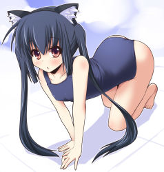 Rule 34 | 1girl, all fours, animal ears, barefoot, black hair, brown eyes, cat ears, k-on!, long hair, nakano azusa, one-piece swimsuit, school swimsuit, shinshin, solo, swimsuit, twintails