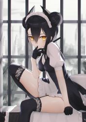 Rule 34 | 1girl, absurdres, age regression, aged down, agent (girls&#039; frontline), black dress, black gloves, black hair, black thighhighs, blush, breasts, closed mouth, double bun, dress, finger to mouth, foot out of frame, garter straps, girls&#039; frontline, gloves, hair bun, highres, looking at viewer, maid, maid headdress, medium breasts, medium hair, orange eyes, sangvis ferri, scenery, sitting, solo, thighhighs, thighs, thomas 8000, two-tone dress, window