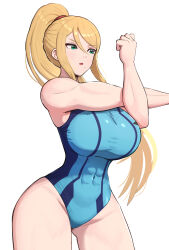 Rule 34 | 1girl, adapted costume, blonde hair, blue one-piece swimsuit, breasts, commentary request, covered abs, covered navel, cowboy shot, cross-body stretch, floating hair, gonzarez, green eyes, hair between eyes, high ponytail, highleg, highleg one-piece swimsuit, highres, large breasts, long hair, looking to the side, metroid, mole, mole under mouth, narrow waist, nintendo, one-piece swimsuit, parted lips, samus aran, simple background, solo, standing, swimsuit, toned female, very long hair, white background, wide hips, zero suit