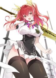 Rule 34 | 1girl, black thighhighs, breasts, dress, garter straps, hair ornament, hair ribbon, highres, holding, holding sword, holding weapon, katana, large breasts, official art, open mouth, rakudai kishi no cavalry, red eyes, red hair, ribbon, solo, stella vermillion, sword, thighhighs, twintails, weapon, won (az hybrid)