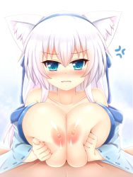 Rule 34 | 1boy, 1girl, anger vein, animal ears, blue eyes, blush, grabbing another&#039;s breast, breasts, breasts out, breasts squeezed together, cat ears, collarbone, grabbing, gradient background, hairband, hetero, highres, japanese clothes, kane-neko, kimono, large breasts, long hair, nipples, off shoulder, original, paizuri, pov, silver hair, solo focus, wavy mouth