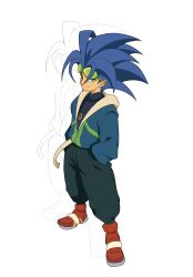 1boy baggy_pants big_hair blue_hair blue_jacket eyewear_on_head full_body gold_ring green-tinted_eyewear green_eyes hands_in_pockets highres hood hood_down hooded_jacket humanization jacket jewelry long_sleeves looking_at_viewer male_focus necklace pants red_footwear ring ring_necklace simple_background smile solo sonic_(series) sonic_the_hedgehog spiked_hair standing sunglasses tall_hair tinted_eyewear turtleneck white_background yaaflin