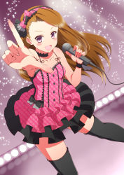 Rule 34 | 1girl, arm up, blush, brown eyes, brown hair, hairband, highres, idolmaster, idolmaster (classic), long hair, looking at viewer, microphone, minase iori, ookami maito, pointing, smile, solo