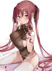 Rule 34 | 1girl, absurdres, bare shoulders, blush, bodystocking, bow, bowtie, breasts, garter belt, garter straps, hair ribbon, heterochromia, highres, hololive, houshou marine, large breasts, leotard, long hair, looking at viewer, red eyes, red hair, ribbon, see-through, see-through leotard, shin no tenpii, smile, solo, thighhighs, twintails, virtual youtuber, yellow eyes