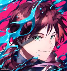 Rule 34 | 1boy, black shirt, commentary, english commentary, green eyes, hair behind ear, highres, lauren iroas, looking at viewer, medium hair, nijisanji, papercider, pink background, portrait, red hair, shirt, smile, solo, twitter username, virtual youtuber
