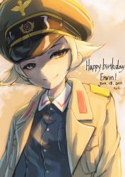 Rule 34 | 1girl, artist name, blonde hair, blue jacket, brown eyes, brown jacket, character name, closed mouth, commentary request, dated, english text, erwin (girls und panzer), girls und panzer, goggles, goggles on headwear, green hat, green shirt, half-closed eyes, happy birthday, hat, highres, jacket, kuroneko douji, long sleeves, looking at viewer, military, military hat, military jacket, military uniform, ooarai military uniform, open clothes, open jacket, outdoors, peaked cap, pointy hair, shirt, short hair, signature, smile, solo, twilight, uniform, upper body