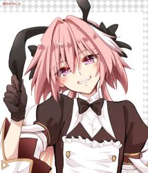 Rule 34 | 1boy, asazuki norito, astolfo (fate), astolfo (saber) (fate), astolfo (saber) (third ascension) (fate), black bow, black bowtie, black dress, black gloves, black ribbon, blush, bow, bowtie, buttons, dress, fate/grand order, fate (series), gloves, grin, hair between eyes, hair bow, hair intakes, hair ribbon, juliet sleeves, long hair, long sleeves, looking at viewer, low twintails, male focus, multicolored hair, pink hair, puffy sleeves, purple eyes, ribbon, smile, solo, streaked hair, trap, twintails, twitter username, white hair, wide sleeves, wing collar
