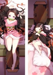 Rule 34 | 1girl, aged down, bamboo, bare legs, barefoot, bit gag, black coat, black hair, blanket, breasts, checkered clothes, child, closed eyes, coat, dakimakura (medium), fetal position, floral print, from above, futon, gag, gradient hair, hair ribbon, hands up, haori, holding, holding own hair, indoors, japanese clothes, kamado nezuko, kimetsu no yaiba, kimono, leg up, long hair, long sleeves, looking at viewer, lying, moeanime, mouth hold, multicolored hair, multiple views, obi, off shoulder, on back, on bed, on side, orange hair, pillow, pink eyes, pink kimono, pink ribbon, ribbon, sash, sleeping, sliding doors, tatami, two-tone hair, very long hair, wide sleeves