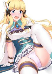 Rule 34 | 1girl, black bow, blonde hair, blue eyes, blush, bow, breasts, capelet, cloak, elf, hair bow, highres, long hair, open mouth, panties, pointy ears, princess connect!, saren (princess connect!), solo, spread legs, tonelico1213, underwear