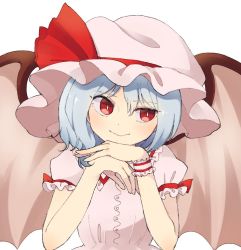 Rule 34 | 1girl, arm garter, bad id, bad twitter id, blue hair, blush, bright pupils, closed mouth, dress, hat, looking to the side, mob cap, own hands together, pink dress, pink hat, puffy short sleeves, puffy sleeves, red eyes, remilia scarlet, sasa kichi, short sleeves, simple background, slit pupils, smile, solo, spread wings, touhou, upper body, white background