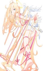 Rule 34 | 1girl, absurdly long hair, absurdres, ahoge, angel, angel wings, bare legs, barefoot, blonde hair, blue eyes, bow, breasts, commentary, dress, english commentary, eyebrows hidden by hair, from behind, full body, hair flowing over, hair over eyes, halo, highres, leaning forward, legs, long hair, looking at viewer, looking back, mixed-language commentary, mocha kura, open hand, original, parted lips, pink ribbon, pink string, ribbon, simple background, small breasts, solo, standing, standing on one leg, string, very long hair, white background, white dress, white wings, wings