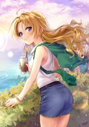Rule 34 | 1girl, alternate hairstyle, ass, blonde hair, blue skirt, blush, bracelet, casual, cloud, commentary request, cup, drinking glass, earrings, green jacket, hair down, highres, holding, holding cup, idolmaster, idolmaster cinderella girls, jacket, jacket on shoulders, jewelry, kakitsubata zero, kiryu tsukasa (idolmaster), long hair, looking at viewer, looking back, nail polish, ocean, purple eyes, purple sky, red nails, shirt, signature, skirt, sky, smile, solo, sparkle, white shirt