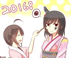 Rule 34 | 10s, 2016, 2girls, black hair, blush, brown hair, closed eyes, facepaint, hair ornament, hat, japanese clothes, kantai collection, kimono, multiple girls, new year, open mouth, red eyes, rexlent, shigure (kancolle), simple background, smile, spoken squiggle, squiggle, twitter username, yamashiro (kancolle)