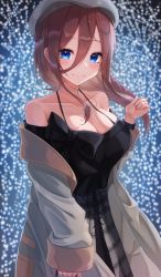 Rule 34 | 1girl, alternate costume, alternate hairstyle, bag, bare shoulders, beret, black bow, black dress, black shirt, blouse, blue eyes, blush, bow, braid, breasts, brown hair, closed mouth, collarbone, commentary request, dress, fingernails, go-toubun no hanayome, grey hat, grey jacket, hair between eyes, hat, highres, hiyoku, holding, holding bag, jacket, large breasts, long hair, long sleeves, looking at viewer, nakano miku, off shoulder, open clothes, open jacket, shirt, smile, solo