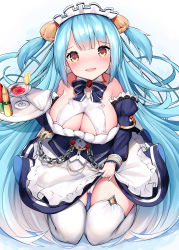 Rule 34 | 1girl, ammunition, azur lane, blue hair, blush, bottle, breasts, cisyo, cleavage, cup, detached sleeves, drinking glass, from above, glass, hair ornament, kneeling, large breasts, lifted by self, long hair, looking at viewer, maid headdress, neptune (azur lane), open mouth, panties, pantyshot, seiza, sitting, smile, solo, thighhighs, tray, two side up, underwear, white panties, white thighhighs, yellow eyes