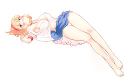 Rule 34 | 1girl, alice margatroid, armpits, bad id, bad pixiv id, bare legs, barefoot, blonde hair, blue eyes, blue skirt, blush, breasts, clothes pull, covered erect nipples, frilled skirt, frills, large breasts, legs, lolita fashion, looking at viewer, navel, neck ribbon, non (z-art), panties, parted lips, puffy short sleeves, puffy sleeves, ribbon, shirt pull, short sleeves, simple background, skirt, solo, thighs, touhou, unbuttoned, unbuttoned shirt, underwear, upskirt, white background, white panties