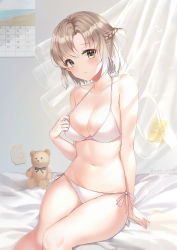 1girl :t absurdres bad_id bad_pixiv_id bare_arms bare_shoulders bed bikini braid breasts brown_eyes brown_hair calendar_(object) cleavage collarbone curtains halterneck halterneck highres large_breasts looking_at_viewer md5_mismatch meliyannn navel on_bed original pout resolution_mismatch short_hair side-tie_bikini_bottom sitting solo stomach string_bikini stuffed_animal stuffed_toy sweat swimsuit teddy_bear thighs white_bikini