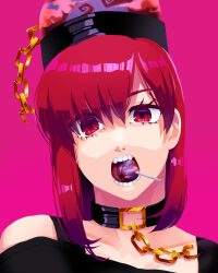 Rule 34 | 1girl, bare shoulders, black shirt, broken, broken chain, candy, chain, collar, commentary request, eyelashes, eyes visible through hair, food, gold chain, hair behind ear, hair between eyes, head tilt, hecatia lapislazuli, highres, lollipop, long hair, looking at viewer, mixed-language commentary, mouth hold, nostrils, off-shoulder shirt, off shoulder, open mouth, portrait, purple background, red eyes, red hair, shirt, simple background, solo, straight-on, takayo (user yeah3737), teeth, tongue, touhou, uneven eyes, upper body