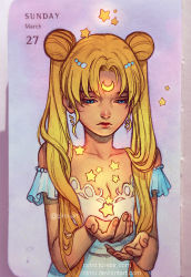 Rule 34 | 1girl, bare shoulders, beads, bishoujo senshi sailor moon, blonde hair, breasts, card (medium), cleavage, crescent, crescent facial mark, dated, double bun, dress, facial mark, forehead mark, frown, hair beads, hair ornament, looking down, photo (medium), princess serenity, qinni, small breasts, solo, star (symbol), traditional media, tsukino usagi, twintails, upper body, watermark, web address, white dress