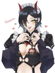 Rule 34 | 1girl, absurdres, amanium1, artist name, azur lane, black bra, black hair, bra, breast strap, breasts, cat hair ornament, cleavage, cleavage cutout, clothing cutout, fangs, hair ornament, heart, heart hands, highres, horns, looking at viewer, maid headdress, mechanical horns, medium breasts, multicolored hair, nocturnal melonpan, o-ring, o-ring top, official alternate costume, puffy sleeves, red horns, short hair, simple background, solo, tongue, tongue out, two-tone hair, ulrich von hutten (azur lane), ulrich von hutten (mayhem maid) (azur lane), underwear, upper body, white background, white hair, yellow eyes