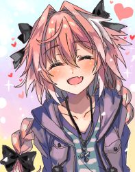 Rule 34 | 1boy, astolfo (fate), astolfo (memories at trifas) (fate), bad id, bad pixiv id, blush, braid, casual, closed eyes, fang, fate/apocrypha, fate (series), hair intakes, hair ribbon, long hair, male focus, moze, official alternate costume, open mouth, pink hair, ribbon, shirt, single braid, smile, solo, striped clothes, striped shirt, trap, upper body