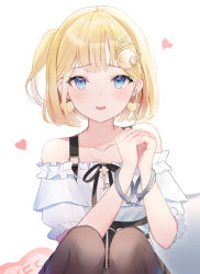 Rule 34 | 1girl, bare shoulders, black ribbon, blonde hair, blue eyes, brown pantyhose, chain, chain necklace, collarbone, commentary request, cuffs, earrings, hair ornament, hairclip, handcuffs, hands up, heart, heart earrings, highres, hololive, hololive english, jewelry, key, looking at viewer, necklace, off-shoulder shirt, off shoulder, official alternate costume, one side up, open mouth, own hands together, pantyhose, ribbon, shirt, short hair, short sleeves, sidelocks, simple background, sisoha, solo, virtual youtuber, watson amelia, watson amelia (street casual), white background, white shirt, yes-no pillow, zipper