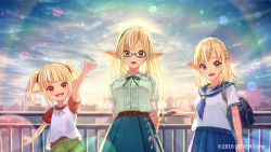 Rule 34 | aged down, blonde hair, blue neckerchief, blue sailor collar, blue skirt, cityscape, cloud, commentary request, day, elf, glasses, green ribbon, green shirt, green shorts, highres, hololive, long hair, looking at viewer, multicolored hair, multiple persona, neck ribbon, neckerchief, official art, open mouth, pleated skirt, pointy ears, red eyes, red shirt, ribbon, sailor collar, sakumichi, school uniform, serafuku, shiranui flare, shirt, short hair, short sleeves, shorts, skirt, sky, standing, streaked hair, twintails, virtual youtuber, white hair, white shirt