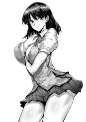 Rule 34 | 1girl, absurdres, alternate breast size, between breasts, black hair, breasts, closed mouth, cowboy shot, gggg, greyscale, highres, large breasts, looking at viewer, miniskirt, monochrome, pleated skirt, school rumble, school uniform, short hair, short sleeves, simple background, skirt, solo, standing, thighs, tsukamoto yakumo, white background