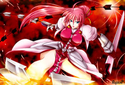 Rule 34 | 00s, 1girl, blue eyes, breasts, haganef, large breasts, levantine, lyrical nanoha, mahou shoujo lyrical nanoha, mahou shoujo lyrical nanoha a&#039;s, mahou shoujo lyrical nanoha strikers, pink hair, ponytail, signum, solo, sword, weapon, whip, whip sword