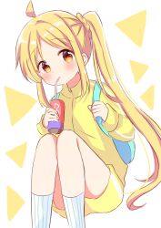 Rule 34 | 1girl, ahoge, ankle socks, backpack, bag, blonde hair, blue bag, blush, bocchi the rock!, braid, brown eyes, can, closed mouth, drinking, drinking straw, drinking straw in mouth, eyebrows hidden by hair, highres, holding, holding can, holding strap, ijichi nijika, invisible chair, jacket, knees up, long hair, long sleeves, looking at viewer, nanami ayane (kusunoki5050), one side up, scrunchie, shorts, side ponytail, simple background, sitting, socks, solo, striped clothes, striped socks, track jacket, track suit, vertical-striped clothes, vertical-striped socks, very long hair, white socks, yellow jacket, yellow shorts