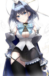 Rule 34 | 1girl, absurdres, asymmetrical legwear, bad id, bad pixiv id, black skirt, black thighhighs, blue bow, blue bowtie, blue eyes, blush, bow, bowtie, breasts, chain, chain headband, cleavage, crop top, detached sleeves, gears, hair intakes, halo, head chain, highres, hololive, hololive english, jewelry, large breasts, looking at viewer, mechanical halo, ouro kronii, ouro kronii (1st costume), roman numeral, short hair, skirt, solo, striped clothes, striped skirt, thighhighs, turtleneck, user dmtu7355, veil, virtual youtuber, white veil