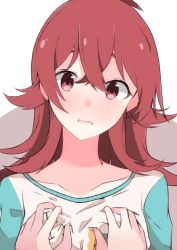 Rule 34 | 1girl, grabbing another&#039;s breast, commentary, confused, enelis, grabbing, idolmaster, idolmaster shiny colors, komiya kaho, long hair, looking at viewer, open mouth, pov, pov hands, raglan sleeves, red eyes, red hair, solo, solo focus