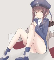 Rule 34 | 10s, 1girl, bad id, bad pixiv id, brown eyes, brown hair, clothes writing, dress, hat, kantai collection, looking at viewer, machinery, sailor collar, sailor dress, sailor hat, shoes, short hair, sitting, sketch, socks, solo, tokoi, z3 max schultz (kancolle)