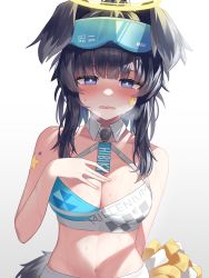 Rule 34 | absurdres, animal ears, black hair, blue archive, blue eyes, blush, breasts, bright pupils, cheerleader, cleavage, crop top, detached collar, dog ears, dog girl, dog tail, eyewear on head, goggles, goggles on head, halo, hand on own chest, hibiki (blue archive), hibiki (cheer squad) (blue archive), highres, holding, holding pom poms, large breasts, long hair, looking at viewer, md5 mismatch, midriff, millennium cheerleader outfit (blue archive), navel, nunsori, official alternate costume, open mouth, pom pom (cheerleading), pom poms, resolution mismatch, sidelocks, source smaller, star sticker, sticker on arm, sticker on face, tail, text print, upper body, wavy mouth, wing collar, yellow halo